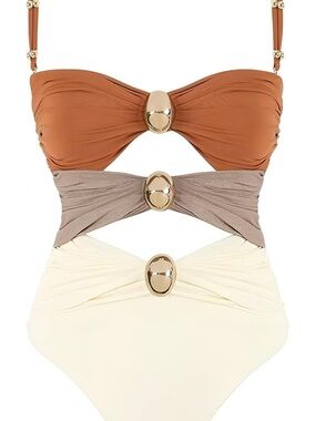 Colorblock One-Piece Swimsuit with Gold Ring Accents - Rust, Taupe & Cream